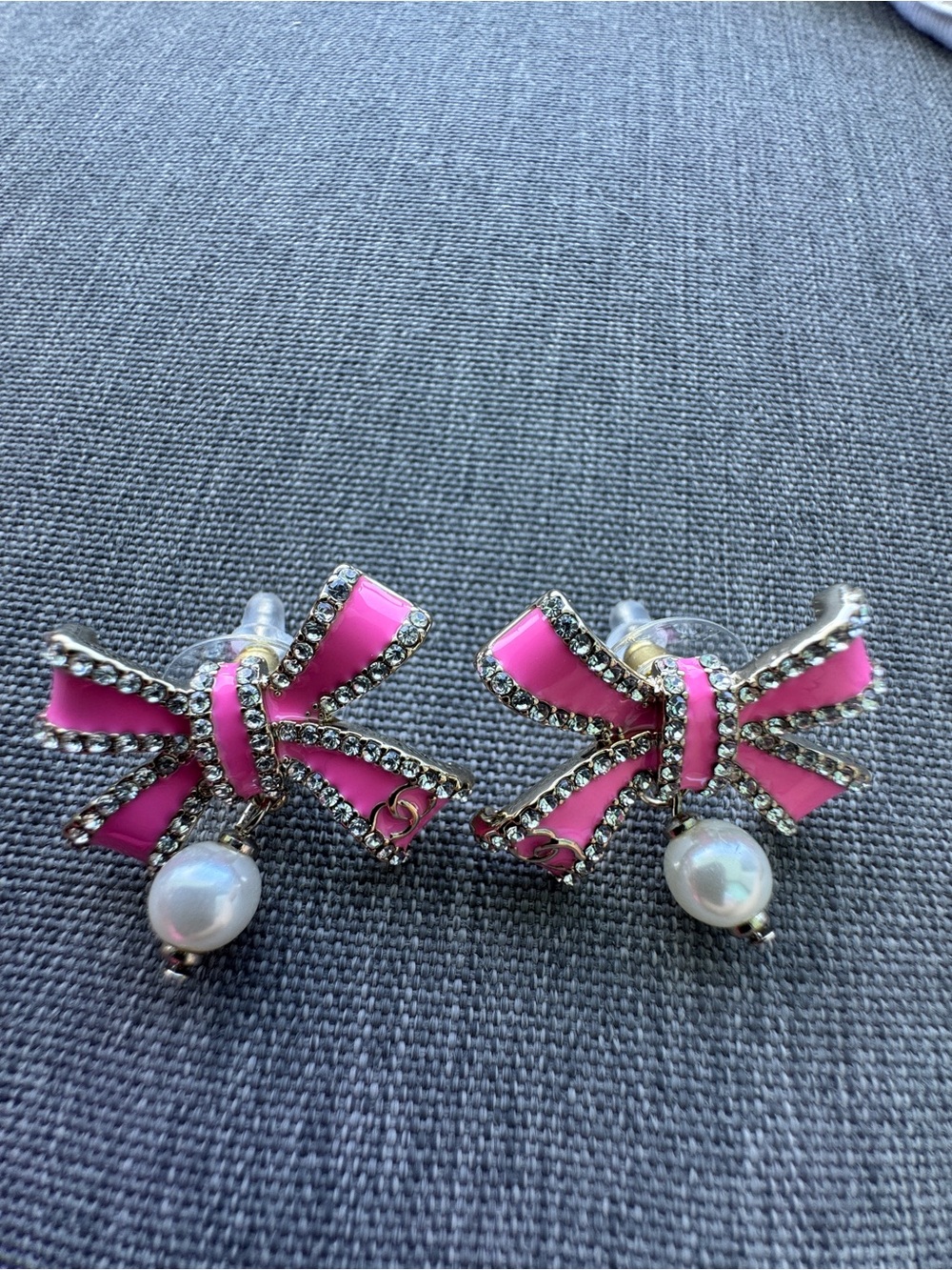 Luxury Pink Bow Crystal Pearl Drop Stud Earrings